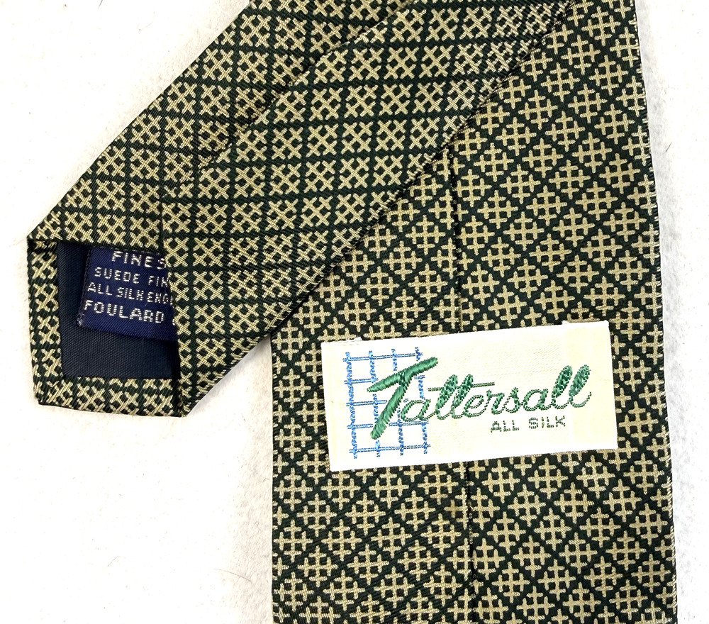 Vintage Tattersall silk tie Olive green diamond geometric Classic Preppy